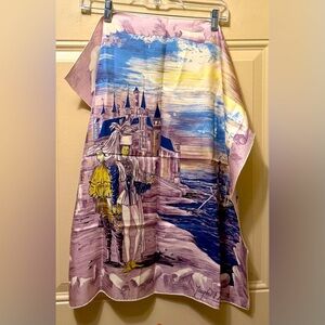 Jacques Fath Vintage French Silk Scarf Medieval Fantasy Blues and Purples